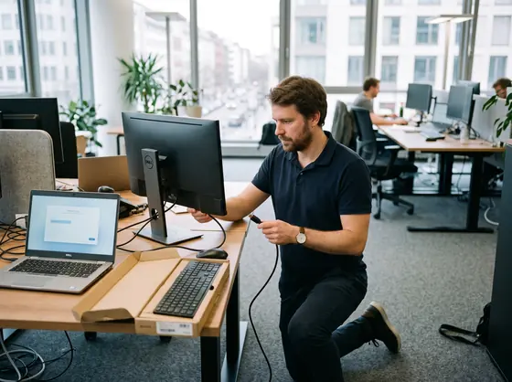 Techniker richtet einen neuen Arbeitsplatz im Büro ein