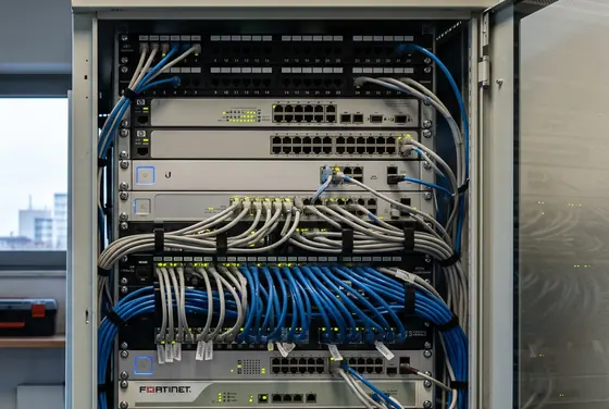 Sauber verkabelter Serverschrank mit Firewall und Switches