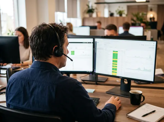 Techniker mit Headset vor zwei Monitoren mit Systemübersicht